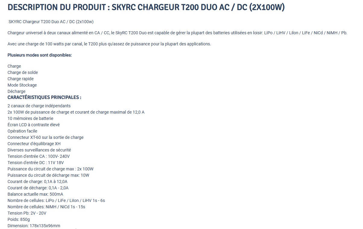 descriptif Chargeur SKYRC T200 Duo